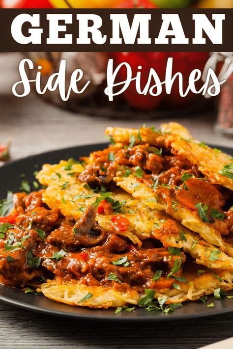 Bring the taste of Germany into your kitchen with these 20 delicious German side dishes! From potato pancakes to sauerkraut, these sides will turn dinner into your very own Oktoberfest! German Sides, German Side Dishes, German Potatoes, Fermented Cabbage, German Potato Salad, Spanish Tapas, Potato Sides, Potato Pancakes, Quick Easy Dinner