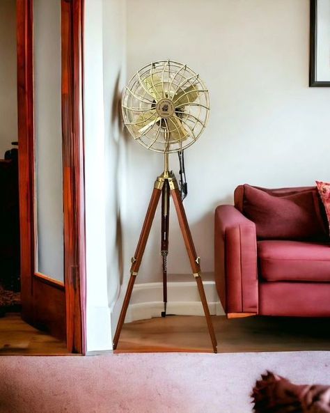 Vintage-Inspired Handmade Electric Floor Fan with Adjustable Wooden Tripod Stand - Antique Brass Finish, Home Office Decor Standing Fan Aesthetic, Designer Fans, Standing Fans, Room Fan, Pedestal Fan, Floor Fan, Dream Board, Vintage Modern, Material Wood