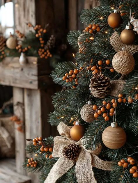 Simple Christmas Tree Ideas Rustic, Woodsy Christmas Tree Decor, Natural Christmas Trees Decorated, Unique Christmas Tree Garland, Christmas Tree Brown Decorations, Rustic Farmhouse Christmas Trees, Terra Cotta Christmas Tree, Lumberjack Christmas Tree, Country Themed Christmas Tree Ideas