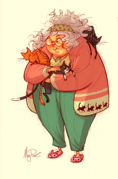 Crazy Old Cat Lady, Old Lady Illustration Character Design, Character Design Old Lady, Old Lady Character Art, Old Lady Reference, Dnd Old Lady, Cat Lady Drawing, Aging Illustration, Woman And Cat Illustration