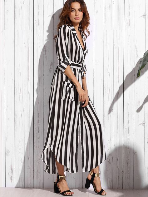 Shop Contrast Vertical Striped Notch Lapel Belted Shirt Dress online. SheIn offers Contrast Vertical Striped Notch Lapel Belted Shirt Dress & more to fit your fashionable needs. Long White Shirt Dress, Vestidos Sport, Pocket Maxi Dress, Stripe Long Sleeve, Women Long Sleeve Dress, Autumn Casual, Belted Shirt Dress, Casual Stripes, Women Maxi