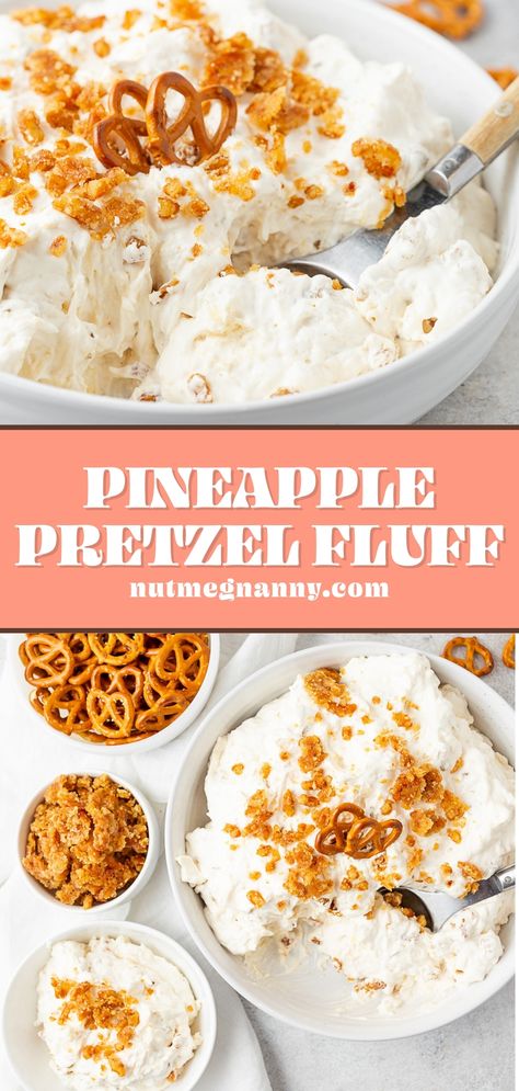 This pineapple pretzel fluff is the perfect Midwest dessert! Sweet whipped cream mixed with crushed pineapple, cream cheese, and a brown sugar pretzel brittle. Pretzel Brittle, Pineapple Delight Dessert Cream Cheese, We Pineapple Fluff, Pineapple Pretzel Fluff, No Bake Pineapple Lush Dessert, Pretzel Fluff, Pretzels Treats, Pineapple Pretzel Fluff Salad 12 Tomatoes, Ground Pork Tacos