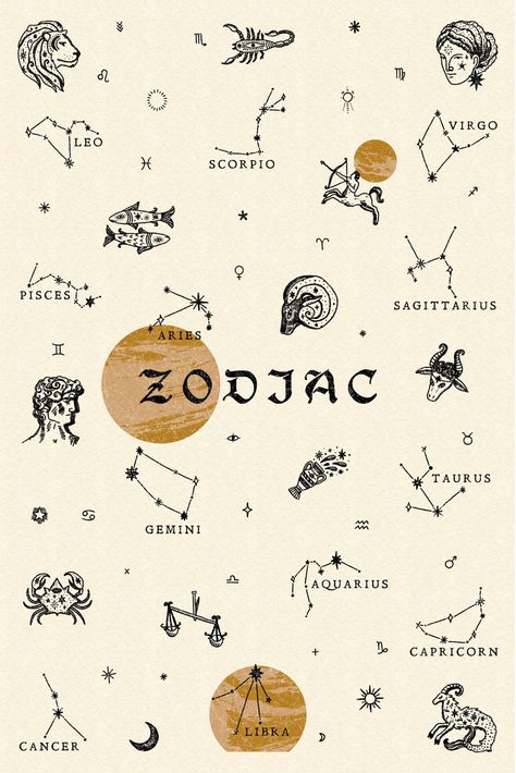 Zodiac Signs Graphic Design, Zodiac Sign Prints, Zodiac Signs Logo, Big 3 Zodiac Tattoo, Astrology Art Illustration, Zodiac Signs Wallpaper, Zodiac Signs Poster, Zodiac Signs Illustration, Zodiac Constellation Tattoo