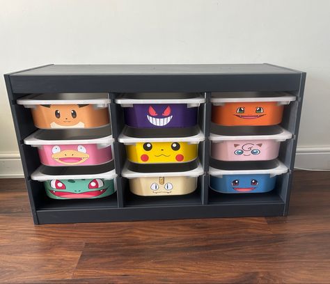 DIY Pokémon themed storage unit Pokemon Room Ideas For Boys, Lankybox Bedroom, Pokemon Organization Ideas, Pokemon Theme Bedroom, Pokemon Room Ideas Bedrooms, Pokemon Themed Bedroom Diy, Boys Pokemon Bedroom Ideas, Pokemon Room Aesthetic, Pokemon Bedroom Ideas Diy