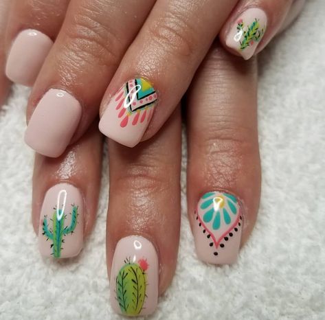 Desert Theme Nails, Mexico Inspired Nails, Camping Nails, Cactus Nails, Nail Art Pedicure, Western Nails, Nagellack Trends, Easter Nails, Pink Nail