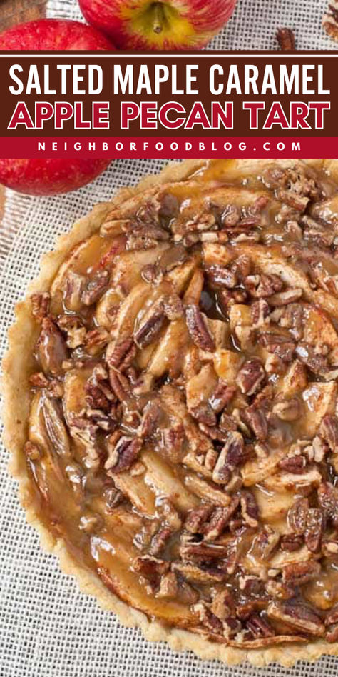 Easy to make a fall food recipe! This Salted Maple Caramel Apple Pecan Tart recipe starts with butter, vegetable oil, water, and sugar, which gets melted together in the oven. Make this easy dessert drizzled with caramel sauce, and pin it for a simple Thanksgiving dessert! Caramel Apple Tartlets Recipe, Apple Pecan Tart, Best Fall Pie Recipes, Apple Pecan Recipes, Thanksgiving Tart Recipes, Fall Tart Recipes, Thanksgiving Tarts, Apple Tarts Recipe Easy, Thanksgiving Apple Desserts