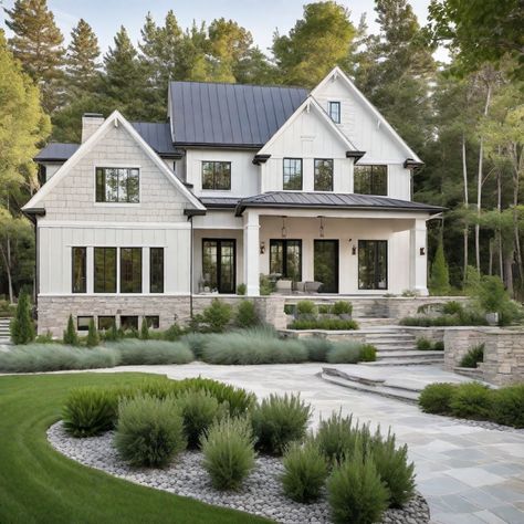 Modern Farmhouse Exterior Colors White Stucco Farmhouse Exterior, White Farmhouse With Stone Accents, Exterior Rambler House Colors, White House Grey Trim Exterior, Modern Country Exterior Home, Farmhouse Exterior Modern, Non White Farmhouse Exterior, Modern Craftsman Farmhouse Exterior, Farmhouse Exterior Backyard