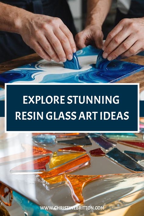 Artists creating colorful resin glass art using vibrant blues and dynamic shapes. Resin Over Glass Mosaic, Broken Glass Artwork Ideas, Broken Glass Artwork, Crushed Glass Resin Art, Unique Resin Ideas, Resin Glass Art, Sea Glass Resin, Art Shattered, Resin Collage