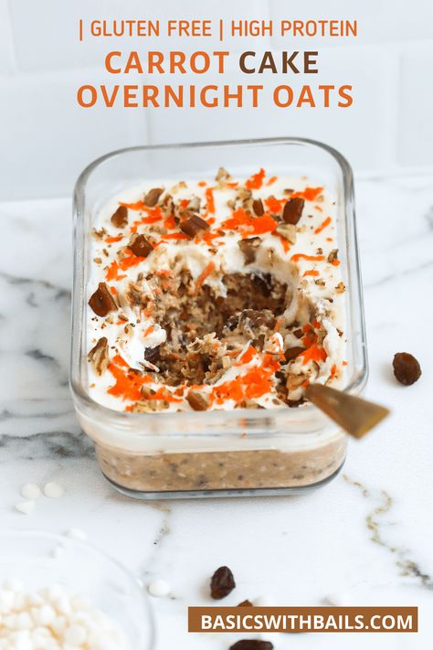 High Protein Low Sugar Overnight Oats, Spring Overnight Oats, Carrot Overnight Oats, High Protein Overnight Oats Low Carb, Proats Recipes, Carrot Cake Baked Oats Recipe, Carrot Cake Overnight Oatmeal, Overnite Oatmeal, Overnight Carrot Cake Oats