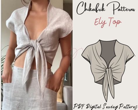 Large Bust Sewing Pattern, Linen Crop Top Sewing Pattern, Knot Top Pattern, Easy Top Patterns To Sew, Tie Front Top Pattern, Tie Sewing Pattern, Crop Top Sewing, Sewing Pattern For Beginners, Projector Sewing