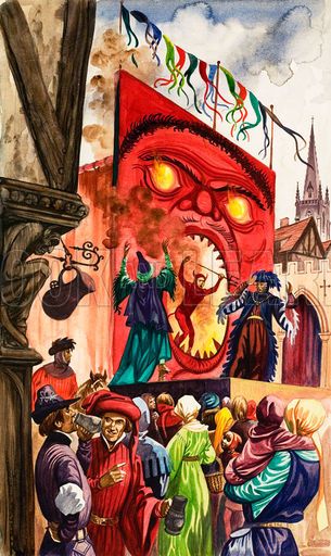 Medieval miracle play Medieval Theatre, Historic Illustration, Canterbury Tales, Peter Jackson, Historical Illustration, Historical Artwork, Movie Posters Design, Stage Play, The Middle Ages