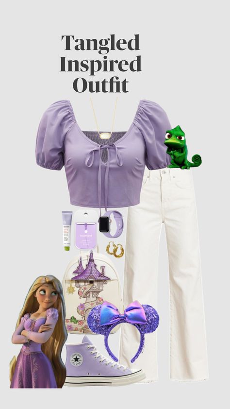 #tangled #rapunzel #disneyland #disneyworld #disneyoutfit #spring #outfitinspo #purple #disneybound Disney Bound Rapunzel Casual, Casual Rapunzel Outfit, Rapunzel Disneyland Outfit, Disney Bounding Tangled, Tangled Rapunzel Outfit, Rapunzel Themed Outfit, Rapunzel Clothes Inspired Outfits, Rapunzel Inspired Outfit Aesthetic, Rapunzel Disneybound Casual