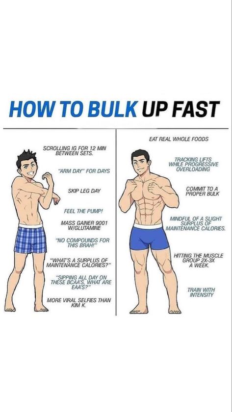 Eating in a caloric surplus is the key to bulking. Getting enough protein comes in the second place along with training with heavy weight to stimulate muscle protein synthesis. The problem with bulking is you may over do it and gain too much fat. That’s why you need to learn the difference between dirty and clean bulking, you can easily do that by reading this article Muscle Gain Workout, Workouts For Men, Trening Sztuk Walki, Gym Workout Planner, Gain Muscle Mass, Bodybuilding Workout Plan, Gym Workout Chart, Gym Workouts For Men, Effective Workout Routines