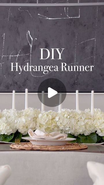 Ivette Kettel | Organic Modern Home Decor on Instagram: "It’s hydrangea season! Check out this simple DIY hydrangea runner for a stunning and budget-friendly centerpiece. Add a few candles to elevate the look even more!  Things to know:  ( comment Link to shop this post) You will need to purchase wet floral foam. Use as many pieces needed to fill your vase.  Also, I bought  a really long plastic tray/vase at the floral store.  This tray helps keep the water from the foam contained. If you want to make a very long arrangement you can use more than one vase. You can also use any rectangular vase you have at home. Instructions:  Dip your green foam in water and place inside the vase. Cut the stems in an angle and proceed to insert them on the foam. I stuck them on the top side of the foam, ju Hydrangea Runner, Diy Hydrangea, Silver Charger Plates, Hydrangea Season, Rectangular Vase, Silk Hydrangeas, Outdoor Party Decorations, Plastic Tray, Floral Foam