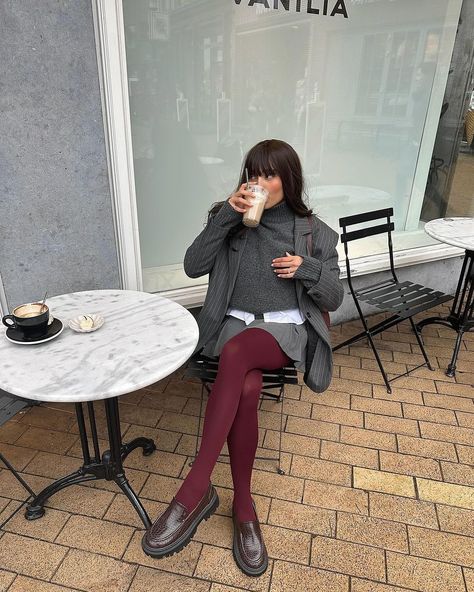 it wasn’t the best idea to pick an iced drink mid winter … | Instagram Knitted Tights Outfit, Teal Tights Outfit, Burgundy Socks Outfit, Argyle Tights Outfit, Colour Tights Outfit, Dark Red Tights, Burgundy Mary Janes Outfit, Navy Tights Outfit, Green Tights Outfit