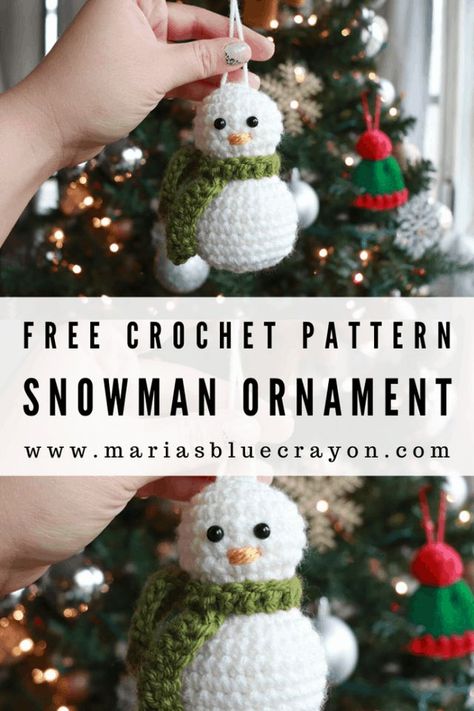 Crochet Snowman Ornament – Free Pattern | Maria's Blue Crayon | Bloglovin’ Crocheted Snowman, Crochet Christmas Ornaments Free, Crochet Ornament Patterns, Christmas Crochet Patterns Free, Crochet Snowman, Crochet Xmas, Crochet Christmas Trees, Crochet Christmas Decorations, Snowman Ornament