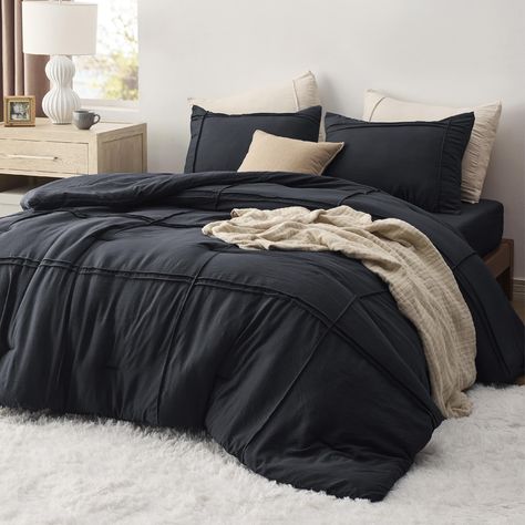 PRICES MAY VARY. Elegant Home Decor: This comforter set combines the exquisite pinch pleat design with a grid pattern, bringing a touch of sophisticated style to any sleeping space. It is a perfect gift for your loved ones or just to show you care. Premium Filling: Featuring Bedsure's thoroughly tested microfiber filling blend, this down alternative comforter maintains the perfect balance between weight and warmth, creating a cloud-like sleeping space all year round. Extra Soft: The prewashed mi Black And Brown Bedding, Black Duvet Cover Bedroom, Black Comforter Bedroom, Black Bedding Sets, Fluffy Bed Set, Fluffy Bed, Black Bed Set, Full Comforter Sets, Black Comforter