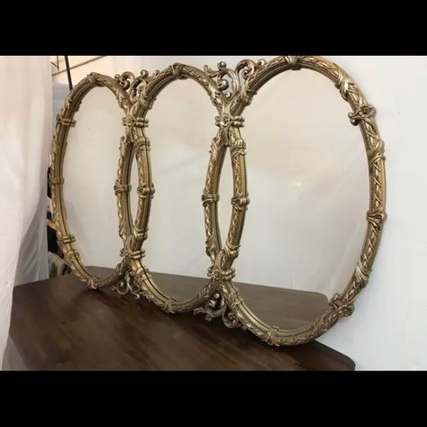 Vtg Gold Hollywood Regency Triptych Triple Interlocking Oval Wall Mirror Bassett Triple Oval Mirror, Triple Mirrors On Wall, Triple Mirror, Hollywood Regency Mirror, Black Rooms, Closet And Bathroom, Mirror Makeover, Circle Mirror, Beautiful Rooms