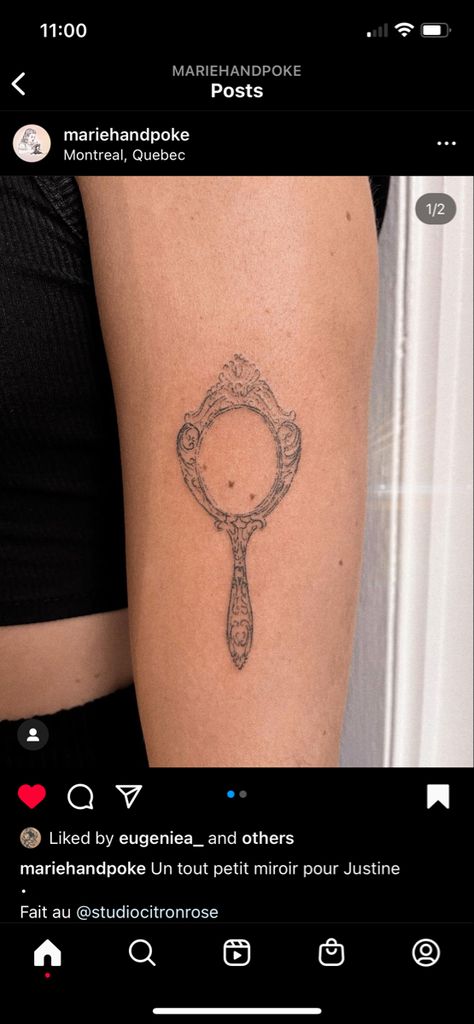 Dainty Mirror Tattoo, Vintage Inspired Tattoos For Women, Vintage Handheld Mirror Tattoos, Antique Mirror Tattoo Vintage, Old Frame Tattoo, Vanity Mirror Tattoo, Mirror Tattoo Simple, Mirror In The Sky Tattoo, Mirror Tattoos For Women