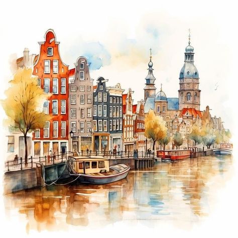 Europe Watercolor Painting, Amsterdam Watercolor Painting, Netherlands Watercolor, Watercolor Amsterdam, Amsterdam Watercolor, Narrow Houses, Town Drawing, Amsterdam Houses, Watercolor Art Landscape