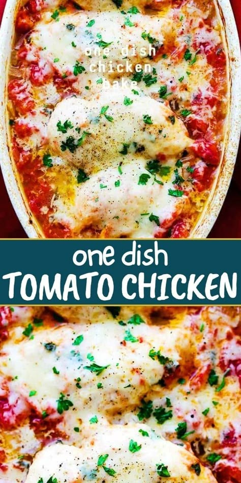 This One Dish Tomato Chicken Bake is prepared with flavorful chicken breasts baked on a bed of tomatoes and covered in cheese! It makes for a one-pan chicken dinner the whole family will enjoy. Recipes With Diced Tomatoes, Chicken Recipes With Tomatoes, Chicken Breast Casserole Recipes, Chicken Breast Casserole, Tomato Chicken, Oven Baked Chicken Breasts, Chicken Breast Recipes Baked, Easy Chicken Breast, Chicken Bake