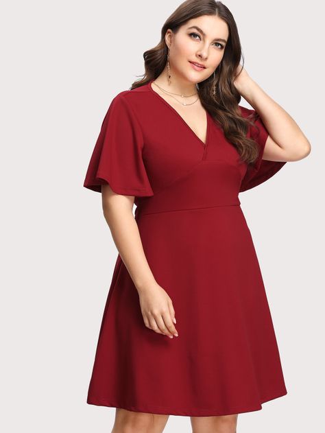 Flutter Sleeve Overlap Front Fit & Flare Dress -SheIn(Sheinside) Plain Chiffon Dress, Flare Pattern, Plus Size Summer Fashion, Dresses For Pregnant Women, Baby Frock, Kids Fashion Dress, Baby Frocks Designs, Frock Design, Sleeve Dresses