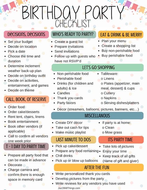 Birthday Party Checklist | Jac of All Things Party Planning Timeline, Birthday Checklist, Plan A Birthday Party, Event Planning Board, Birthday Party Checklist, Planning Worksheet, Party Planning Guide, Party Planning Business, Party Planning Checklist