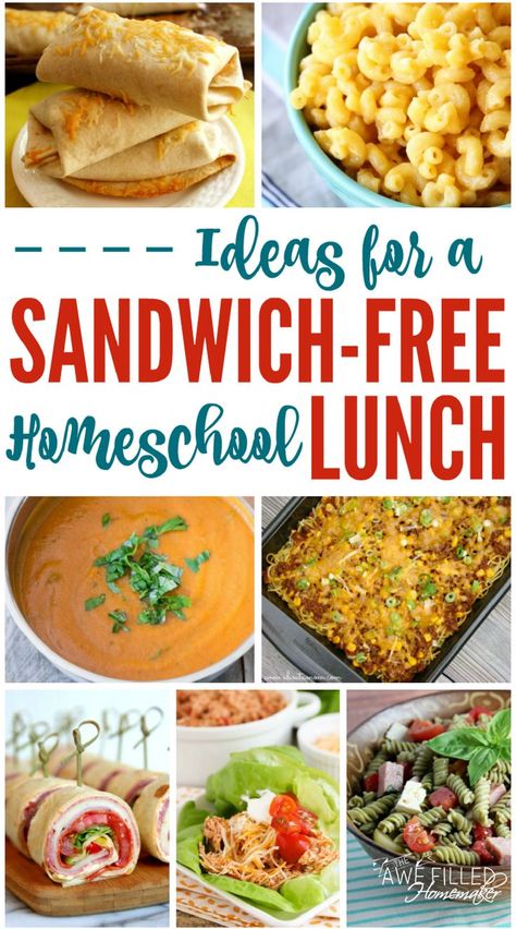 Making sandwiches everyday for your homeschool lunch can get tedious and a little boring after a short time.  So I have compiled several other options for you!  via @AFHomemaker Homeschool Lunch Ideas, Homeschool Lunch, Making Sandwiches, Free Homeschool, Lunch Snacks, Easy Lunches, Family Friendly Meals, Kids Lunch, Freezer Meals