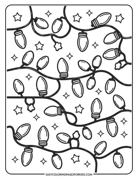 Black and white coloring page featuring decorative Christmas lights intertwined with stars, designed for kids to color and enjoy. Ipad Coloring Pages Aesthetic, Christmas Coloring Printables Free, Free Printable Coloring Pages For Adults, Free Christmas Coloring Sheets, Christmas Coloring Printables, Christmas Ornament Coloring Page, Kids Christmas Coloring Pages, Christmas Colouring Pages, Christmas Coloring Pages For Kids