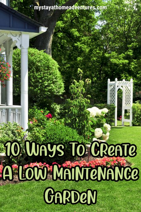 A lush garden featuring a white trellis, vibrant flowers, and manicured shrubs, showcasing ideas for creating a low maintenance garden with simple landscaping techniques. Self Propelled Mower, Drought Resistant Plants, Yard Maintenance, Types Of Grass, Artificial Lawn, Hummingbird Garden, Foundation Planting, Low Maintenance Landscaping, Drought Resistant