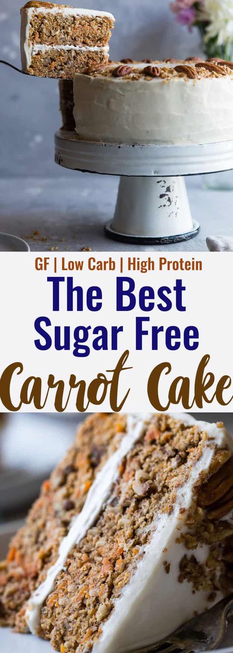 This low calorie Healthy Gluten Free Sugar Free Carrot Cake is SO moist and tender! You'd never know it's low carb and oil and butter-free! | #FoodFaithFitness | #Lowcarb #sugarfree #glutenfree #carrotcake #greekyogurt #easter Gluten Free Gingerbread Cake, Sugar Free Cake Recipes, Sugar Free Carrot Cake, Low Carb Cupcakes, Gluten Free Carrot Cake, Sugar Free Baking, Sugar Free Recipes Desserts, Sugar Free Cake, Sugar Free Sweets