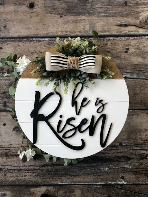 Greenery With White Flowers, Easter Front Door Decor, Christian Diy, Happy Easter Decor, He Is Risen Cross, Easter Front Door Wreath, Wooden Rounds, Easter Front Door, Easter Door Wreaths