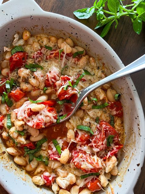 ROASTED GARLIC & TOMATOES WITH WHITE BEANS White Beans With Tomato And Garlic, Roasted Tomatoes With White Beans And Basil, Marinated White Beans Recipe, Garlicky Tomatoes And Butter Beans, Roasted White Beans, Recipes With Roasted Tomatoes, White Bean Kale Salad, Bean Kale Salad, White Beans And Tomatoes