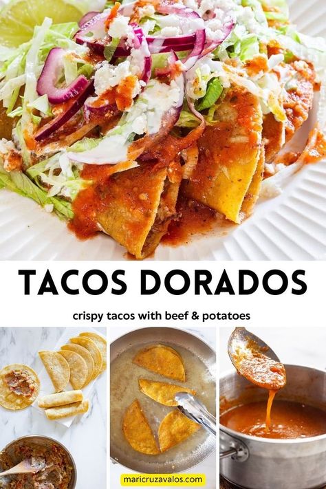 A collage with 4 photos of tacos dorados cooking process and with text overlay. Taco Recipes Mexican, Potato Filling, Tacos Dorados, Crispy Tacos, Fried Tortillas, Mexican Dish, Vegetarian Tacos, Tacos And Burritos, Mexican Dinner