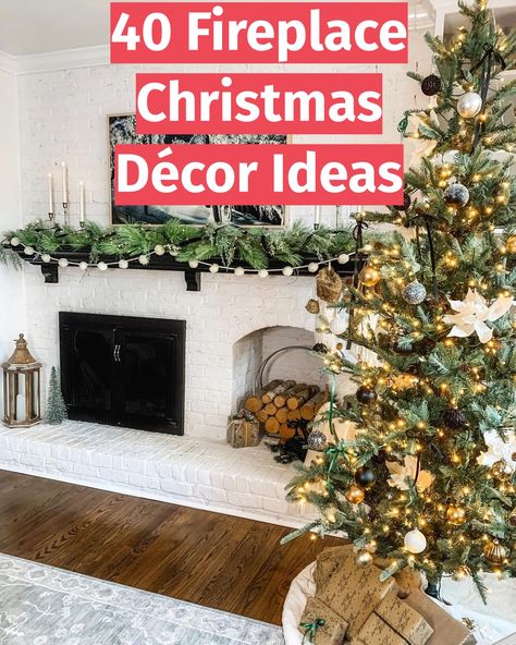 Gorgeous Christmas mantel decor! Photo from @revealmydiy Oversized Socks, Winter Fireplace, Christmas Mantel Decor, Fireplace Christmas, Winter Artwork, Vintage Fireplace, Santa And His Reindeer, Christmas Fireplace Decor, Green Garland