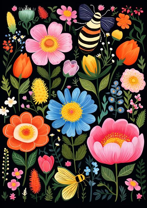 Illustration of various bright flowers, a striped bee, and a yellow butterfly on a dark background, ideal for children's nursery decor. Flora Illustration, Insect Illustration, Artsy Illustration, Flower Illustrations, Preschool Theme, Free Library, Illustration Poster, Color Inspo, Cute Backgrounds