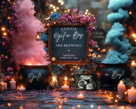 Pink or Blue Smoke Gender Reveal, Little Baby Brewing, Editable Gender Neutral Halloween Pregnancy Announcment, Magical Cauldron Baby Reveal Gender Reveal Ideas With Smokers, Cauldron Gender Reveal, Witch Gender Reveal, Gender Reveal Themes Creative, Neutral Halloween, Halloween Pregnancy Announcement, Gender Reveal Themes, Gender Reveal Ideas, Pregnant Halloween