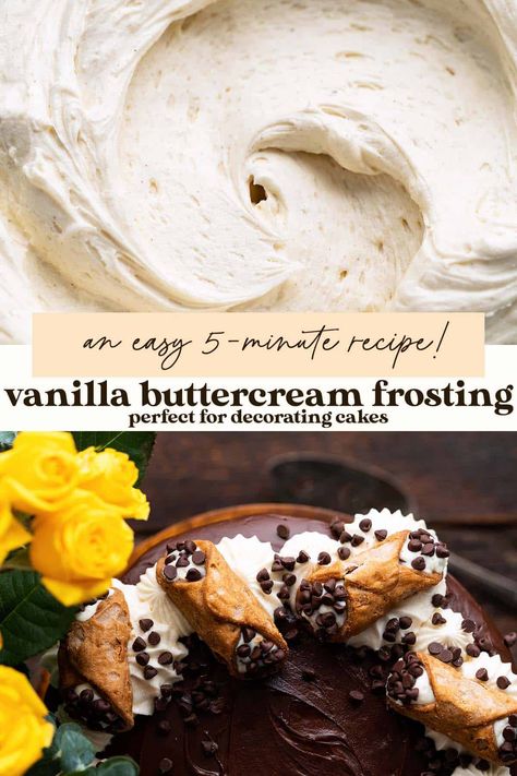 This quick, easy recipe for vanilla American buttercream is creamy, fluffy, and rich; it whips up in 5 minutes, and is the perfect frosting for cakes and cupcakes! Easy Buttercream Frosting For Cupcakes, Vanilla Buttercream Frosting For Piping, Best Buttercream Frosting Recipe For Decorating, Easy Frosting Recipes, Vanilla Frosting Recipe, Vanilla Cake Frosting, Vanilla Buttercream Frosting Recipe, Fluffy Buttercream Frosting, Italian Cream Cake Recipe