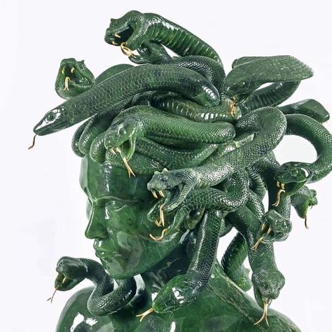 The head of Medusa carved from BC Jade Artist: L’AQUART Head Of Medusa, Medusa Head, The Head, Snakes, Jade, Statue, Sculpture, Green, White