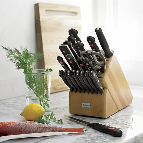 Wüsthof® Gourmet 23-Piece Knife Block Set | Crate and Barrel Cutco Knives, Best Kitchen Knives, Wood Knife, Knife Block Set, Japanese Knife, Knife Set Kitchen, Paring Knife, Bread Knife, Knife Sharpening