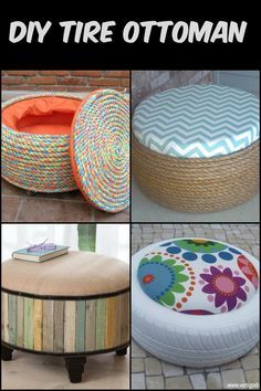 Turn old tires into beautiful ottomans! The only limit is your imagination. Tire Ottoman, Diy Tire, Tire Seats, Tire Craft, Tire Furniture, Diy Ottoman, Diy Furniture Decor, Tyres Recycle, Old Tires