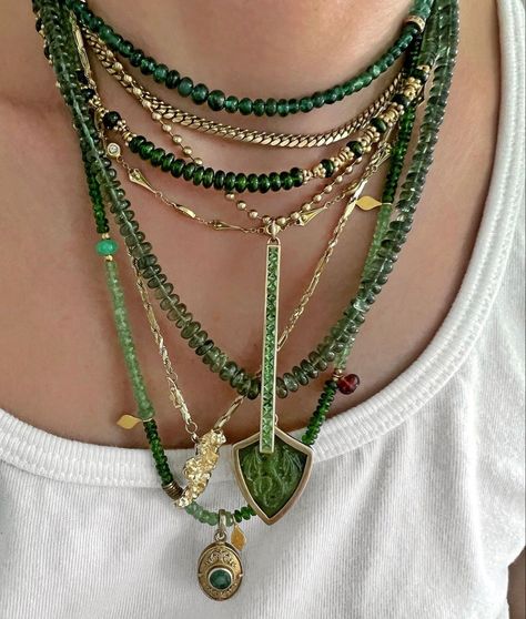 emerald jewelry, green necklace, necklace, green, emerald necklace, gold jewelry, gold, stacked necklace Ideas For Jewelry, Collar Verde, Stacked Necklaces, Moms Bracelet, Handmade Fashion Jewelry, Personalized Pendant, Homemade Jewelry, Funky Jewelry, Stacked Jewelry