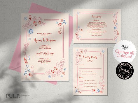 "This digital download wedding invite suite  is pretty and romantic in style featuring our hand drawn floral strawberry scribble illustrations and a hand written font which gives a fun, whimsical feel. All colors can be edited to match your event. Find the matching designs here: https://www.etsy.com/uk/shop/PulpTemplatesCompany?ref=profile_header&search_query=0048 BUNDLE PROMO Create your own custom bundle by adding 3 or more Pulp Template designs in your cart and at checkout use the promo code \"BUNDLE\" to receive an extra 25% off TRY THE DEMO Try the Demo at Corjl, copy and paste link into your browser: https://www.corjl.com/d/1A5AC0 Please note: Desktop editing is recommended! Mobile and Tablet editing is limited. WHAT YOU RECEIVE You will receive your template in two sizes to cover US Doodle Illustrations, Invitation Business, Invite Suite, Cabin Wedding, Business Invitation, Floral Doodle, Place Card Template, Carton Invitation, Drawn Floral