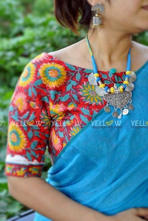 Designer Blouse Designs, Multicolored Blouse, Yellow Kurti, Kalamkari Blouse, Blouse Necklines, Boat Neck Blouse Design, Fashion Everyday, Sari Blouse Designs, Indian Saree Blouse