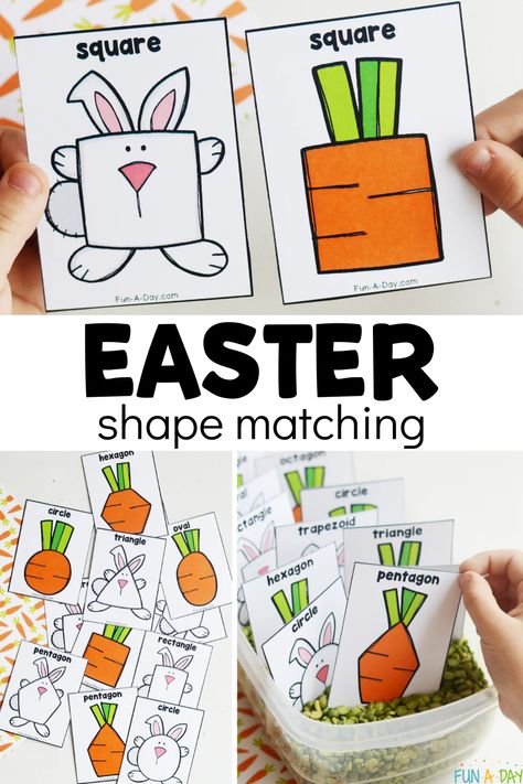 Free printable Easter shape matching cards featuring bunnies and carrots. Perfect for your spring or Easter activities in preschool, pre-k, or kindergarten. Click on the Fun-A-Day.com link to get your own copy. Easter Lesson Plans Preschool, Easter Printables Preschool, Matching Free Printable, Prek Math Activities, Easter Learning Activities, Easter Activities For Toddlers, Easter Activities For Preschool, Bunny Activities, Printable Easter Activities