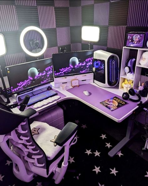 Purple Gamer Aesthetic, Purple Gaming Setup, Pc Games Setup, Purple Desk, Games Room Inspiration, Gamer Bedroom, Bedroom 2024, Purple Games, Gamer Setup