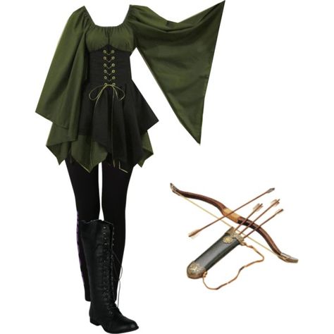 Elven Archer by christiancountrygirl1991 on Polyvore featuring NIKE Elven Archer, Elven Cosplay, Robin Hood Costume, Elven Costume, Women Gown, Elf Fairy, Fair Outfits, Old Fashion Dresses, Medieval Clothing