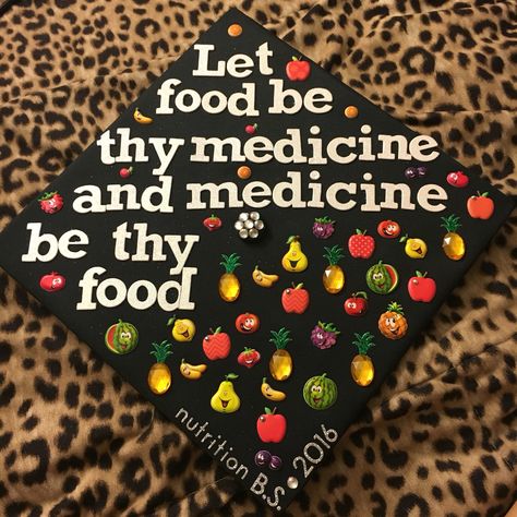 Nutrition degree grad cap design // follow us @motivation2study for daily inspiration Nutrition Graduation Cap Ideas, Dietitian Graduation Cap, Nutrition Graduation Cap, College Shenanigans, Nutrition Month Costume, Grad Cap Design, Nutrition Videos, Nutrition Pyramid, Graduation Goals