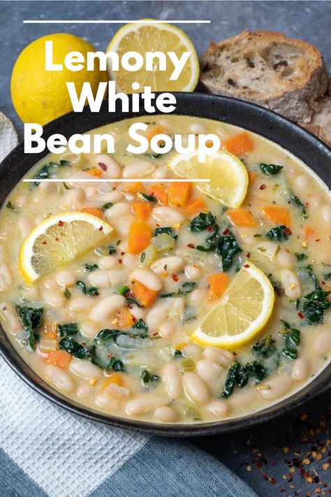 Get a taste of summer all year round with this delicious Lemony White Bean Soup! Loaded with tender white beans, fresh lemon juice, and a blend of savory herbs and spices, this soup is the perfect meal for any season. White Bean And Lemon Soup, White Bean Lemon Soup, Lemony White Bean And Potato Soup, Lemon Bean Soup, Lemony White Bean Soup, White Bean Soup Low Calorie, Chicken White Bean Soup, White Bean Soup Recipes, Lemon Soup