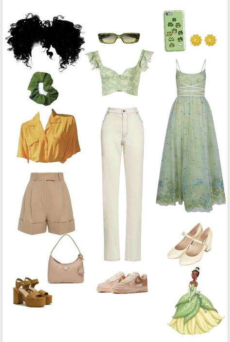 Tiana Modern Outfit, Tiana Inspired Outfits Casual, Modern Tiana Outfit, Tiana Bounding, Cartoon Character Inspired Outfits, Princess Tiana Inspired Outfits, Disney Princess Aesthetic Outfit, Tiana Outfit Ideas, Tiana Inspired Outfits